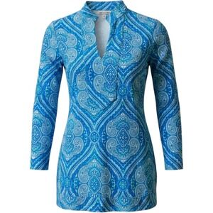 Tunic Top Jude Connally Blue Paisley V-Neck 3/4 Sleeve Jersey Knit Womens M
